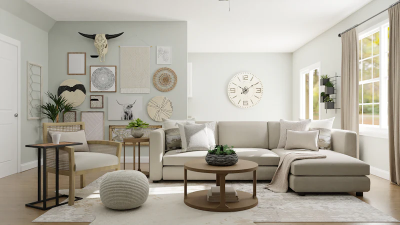Bright living room with neutral walls, a sectional sofa and natural light